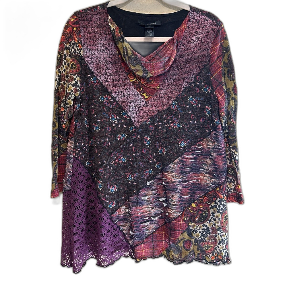 Ali Miles Mixed Print Cowl Neck Tunic Top Size Large Boho Artsy Lagenlook